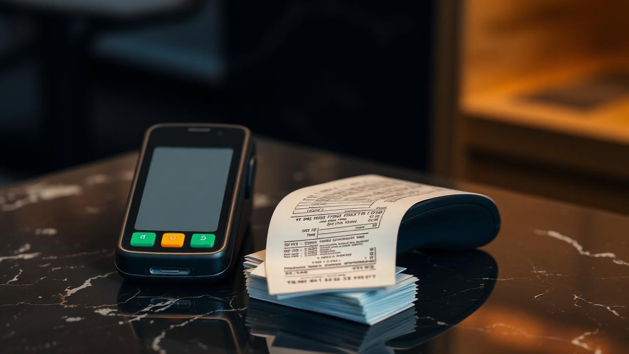 Card payment terminal and receipts on dark marble