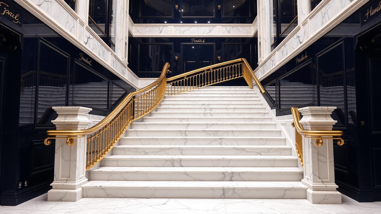 Marble staircase with a gold handrail