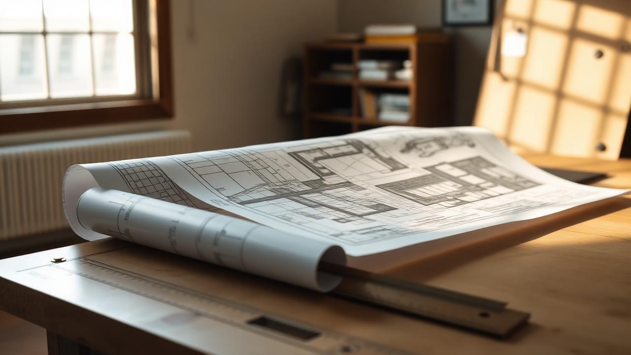 Blueprint open on a drafting table