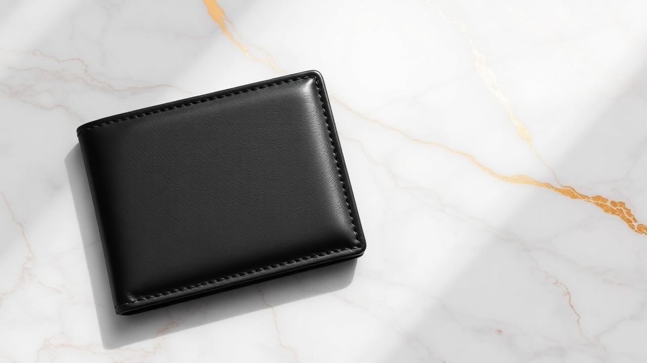 Black leather wallet on marble