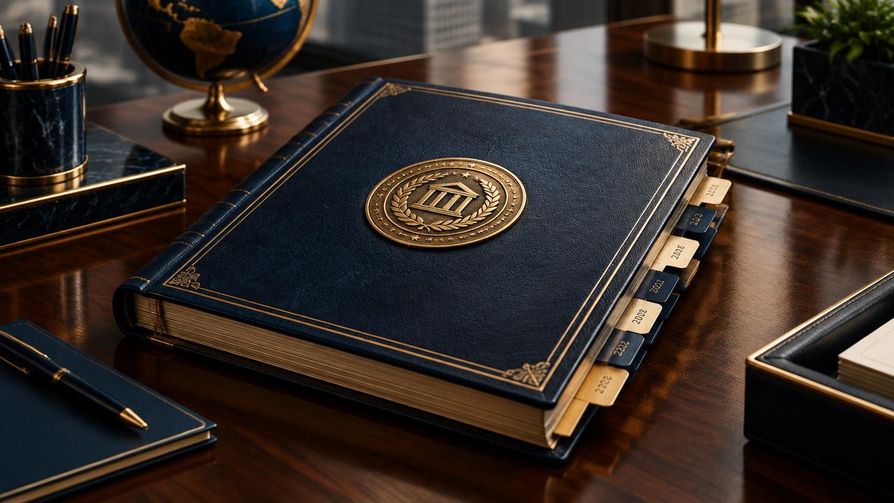 Aged corporate record book with brass seal and dated filing tabs