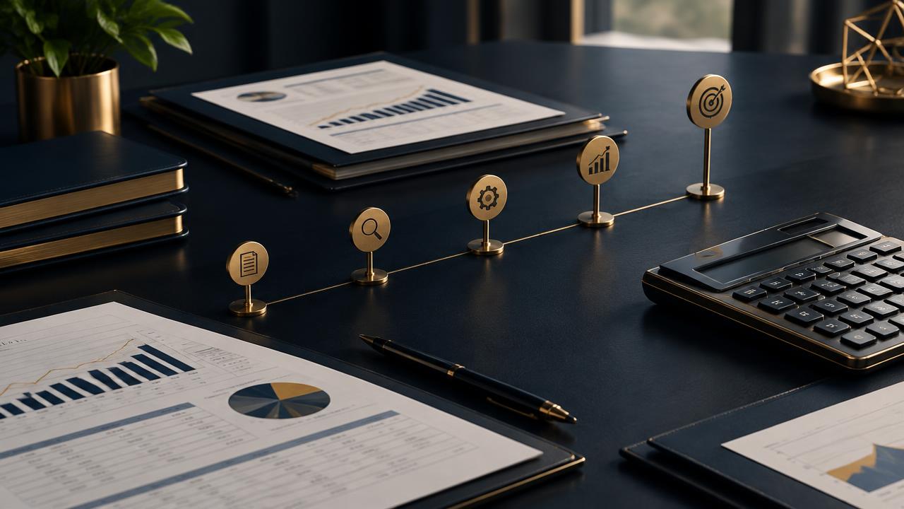 Business funding roadmap with financial documents and brass milestones