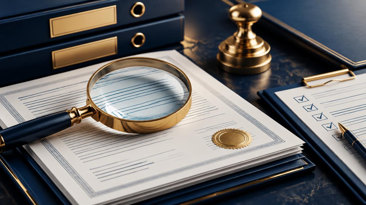 Magnifying glass reviewing clean shelf corporation records
